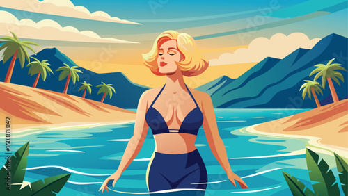 Relaxing woman in blue bikini enjoys tropical beach sunset