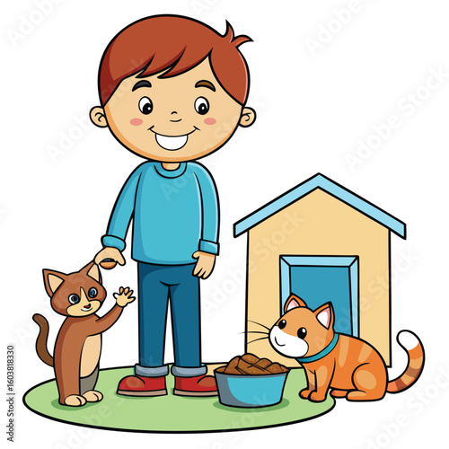 Boy Caring for Cats: A Child's Kindness Illustration