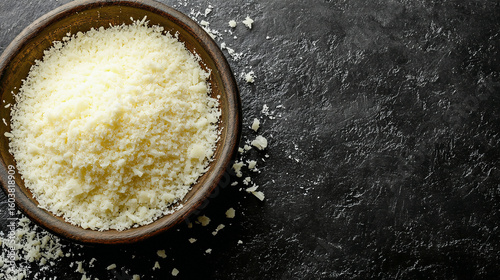 Whole and grated parmesan cheese on black table, flat lay. Space for text