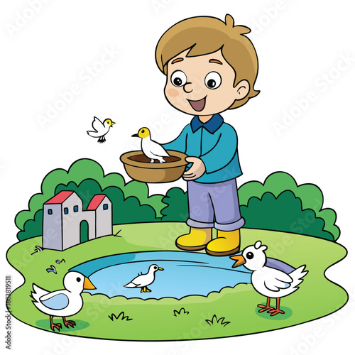 Boy Feeding Birds by Pond: Child, Nature, and Wildlife Illustration