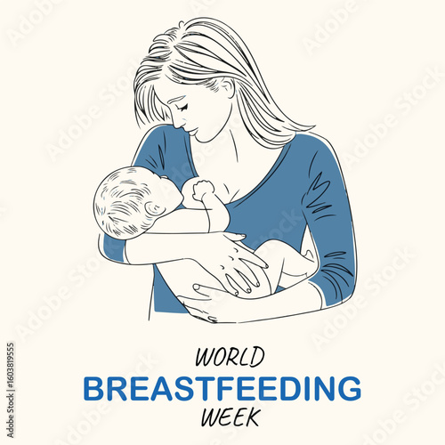 Long haired mom and baby in outlines for world breastfeeding week. World breastfeeding week vector illustration