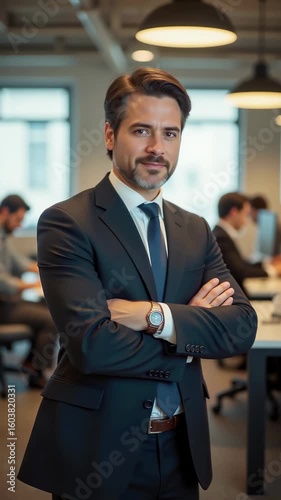 Confident Executive in Corporate Office – Professional Businessman with Arms Crossed for Leadership Videos, Business Presentations, and Corporate Training