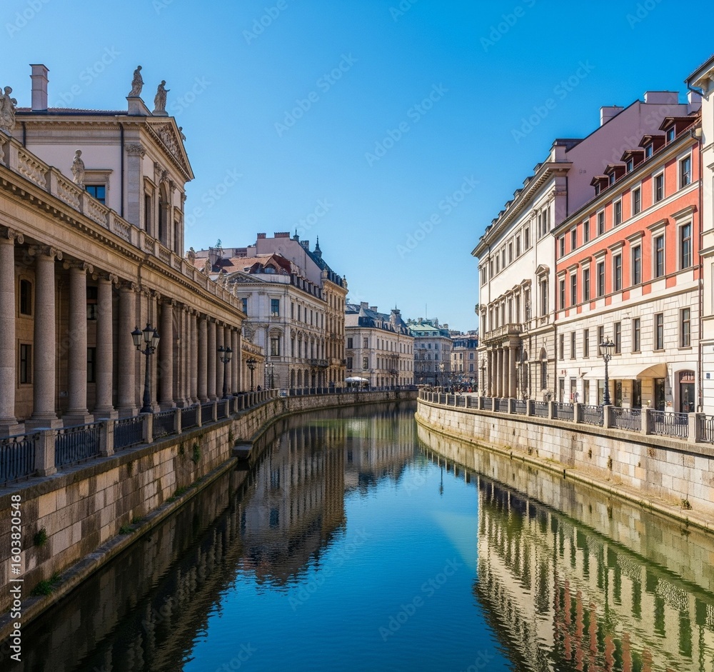 Fototapeta premium Canal reflecting historic buildings in a European city on a sunny day.