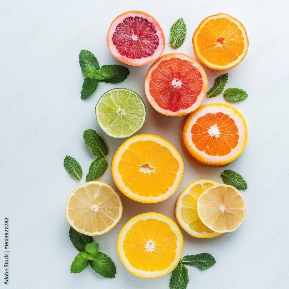 Fototapeta premium Colorful Fresh Citrus Fruits Sliced Grapefruit Orange Lemon Lime with Mint Leaves on White Background