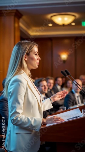 Professional Female Speaker at Business Conference Podium – Elegant Corporate Presentation in Luxury Venue for Leadership Seminars and Professional Development Videos