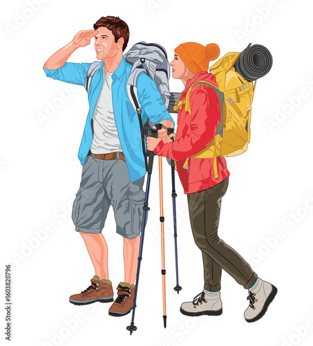 Couple of hikers with backpacks and trekking poles illustration