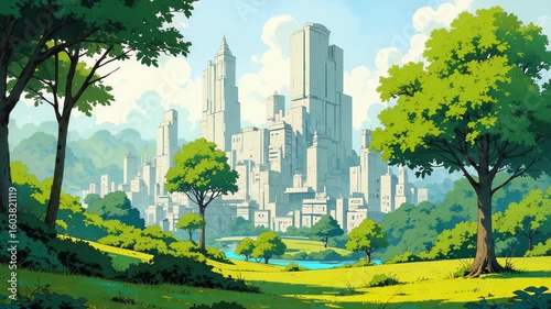 Green Urban Utopia – Futuristic Metropolis Surrounded by Lush Parks for Sustainable City Planning, Environmental Initiatives, and Urban Development Presentations