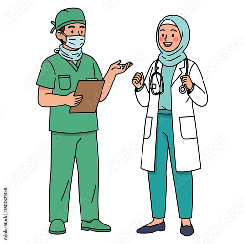 Male surgeon and female Muslim doctor with hijab discuss patient notes together.