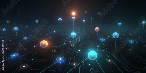 A complex digital network of glowing spheres and circuits on a dark background representing data and connectivity.