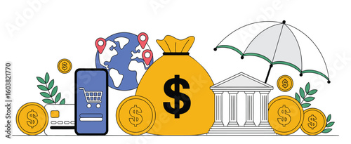 Global finance concept featuring smartphone shopping, banking protection, credit card, currency bag, coins, and economic location mapping