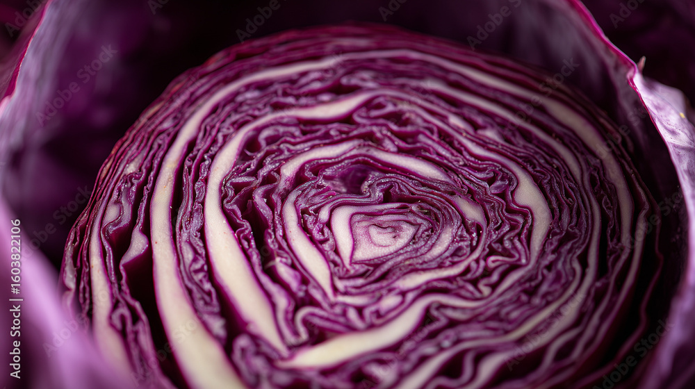 Obraz premium A a cut red cabbage showing its inner pattern
