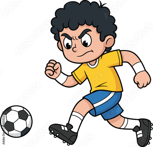 Cartoon boy playing soccer with curly black hair, yellow shirt, blue shorts, wristbands, running pose, vector illustration isolated on white