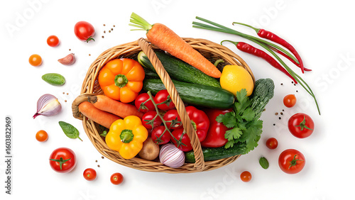 A basket filled with fresh vegetables including peppers tomatoes carrots and cucumbers on white surface © Aman