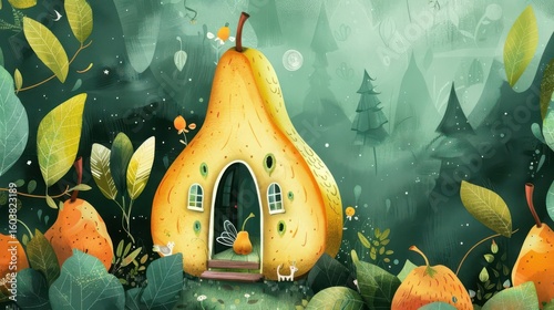 Whimsical Pear-shaped House in Enchanting Forest Scene with Leaves and Mushrooms