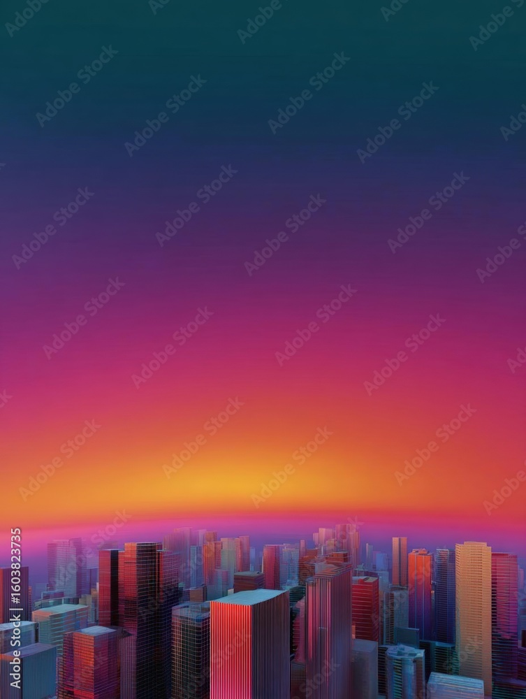 Fototapeta premium Digital illustration of a city skyline at sunset. the sky is a gradient of colors, with the top half being a deep blue and the bottom half a vibrant orange and pink.