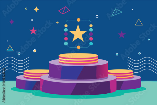   podium on  blue background.
