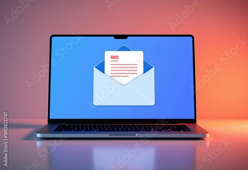 Laptop displaying email with attached document files, archived online Flat design, electronic document, vector