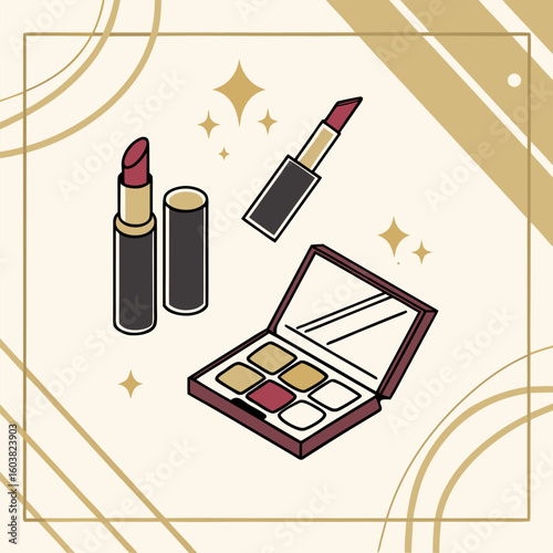 Glamorous makeup essentials including lipsticks and an eyeshadow palette presented with elegant gold decorative elements and sparkling highlights