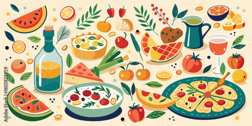 Seamless new year background vector illustration with healthy fruit and vegetable dinner pattern