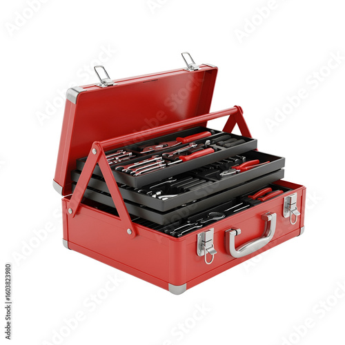 Red Tool Box Open with Assorted Hand Tools on Black Organizers for Maintenance and Repair