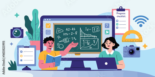 Online education concept with students learning math through virtual classroom on computer screen, surrounded by educational tools
