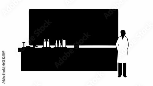 Silhouette of a scientist standing next to a lab bench with equipment against a dark background image