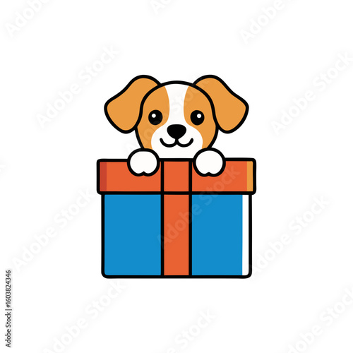 Cute puppy peeking out of a gift box