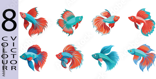 Eight vibrant vector illustrations of betta fish; red, orange, and teal color variations; playful, cartoon style.