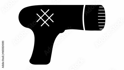 Illustration of a black hair dryer with a white grid pattern and horizontal lines on the nozzle