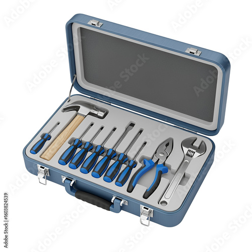 Tool Set in Blue Case with Hammer Screwdriver Pliers and Wrench for Repair
