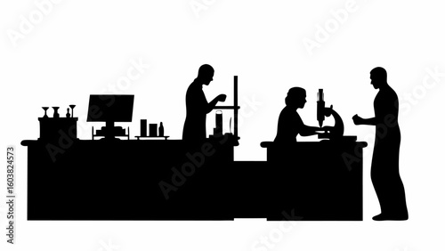 Silhouette of scientists working in a laboratory with equipment and microscope on a white background scene