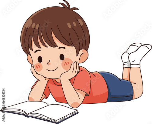 Cartoon child lying on floor reading book, red shirt, blue shorts, relaxed pose, educational activity, vector illustration isolated