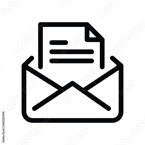 Black outline of an open envelope with a document showing three horizontal lines inside