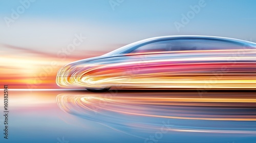 Futuristic blurred motion of a speeding car at sunset