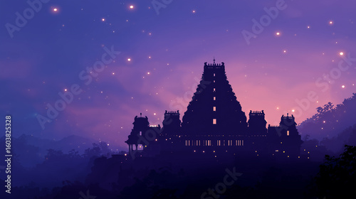 Elegant Padmanabhaswamy Utsavam banner, silhouette of the temple’s iconic gopuram against a twilight sky, soft indigo-to-purple gradient background