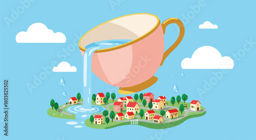 Overflowing teacup floods miniature village below, causing a deluge of water.