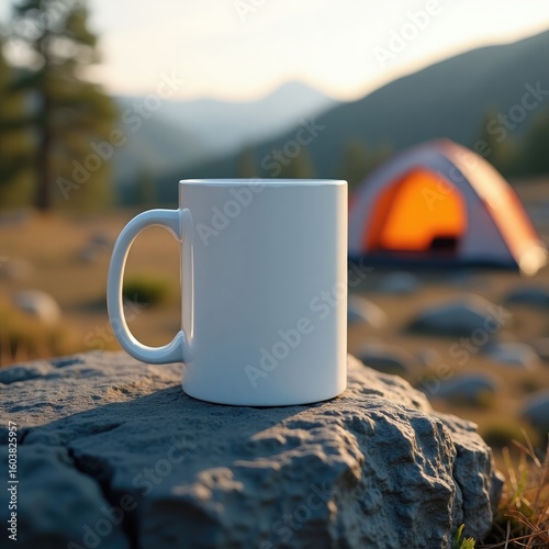 Mug mockup  white mug on a rock with a tent in the background in a scenic outdoor camping environment view