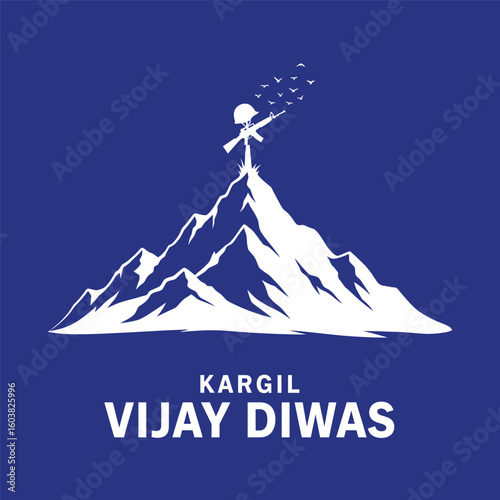 A stylized illustration depicts a soldier raising a flag on a mountain summit, symbolizing triumph and remembrance.