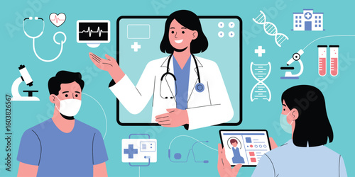 telemedicine concept illustration with digital doctor consulting masked and tablet-using patients, surrounded by healthcare icons and medical devices