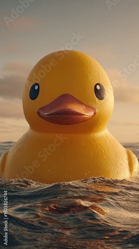 A large, yellow rubber duck floats serenely on a calm sea at sunset, its smooth surface reflecting the warm light.  The water is dark, creating a contrast with the bright toy