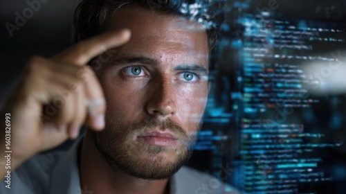 Analyzing code patterns office environment digital interaction technology close-up view data insight