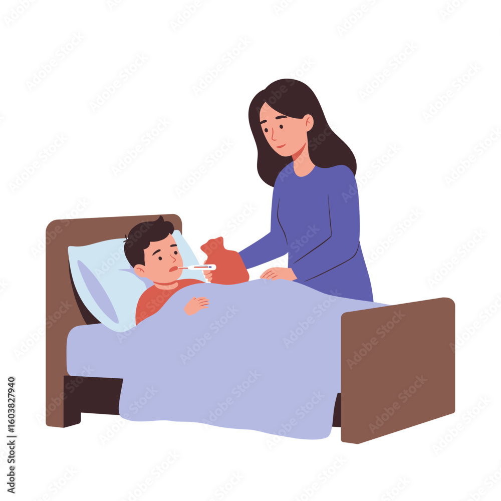Obraz premium A caring mother tends to her sick child with a fever, placing a warm compress on his forehead as he rests in bed, showing love and concern.
