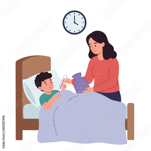 A worried mother tends to her sick son resting in bed, taking his temperature and offering a hot water bottle for comfort, as a clock hangs on the wall.