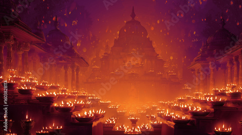 Traditional Maha Navami banner, image of Sandhi Puja rituals with 108 lamps lit
