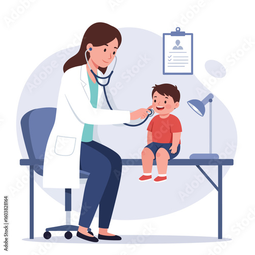 A friendly female doctor examines a young boy with a stethoscope during a medical checkup in a brightly lit doctor's office, promoting healthcare and wellness.