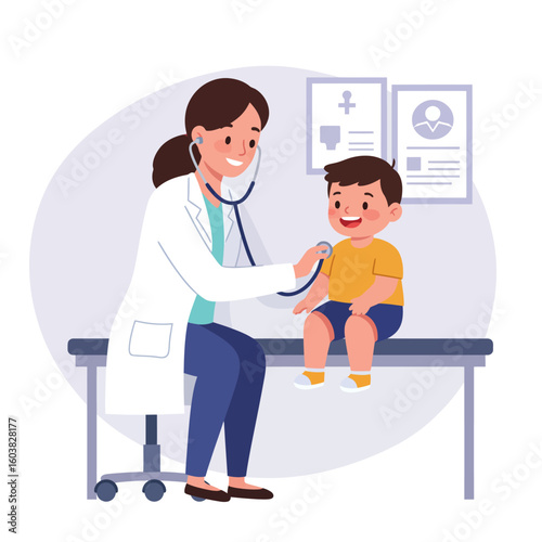 A friendly female doctor performs a medical check-up on a happy young boy with a stethoscope in a clinic, depicted in a cheerful cartoon illustration style.