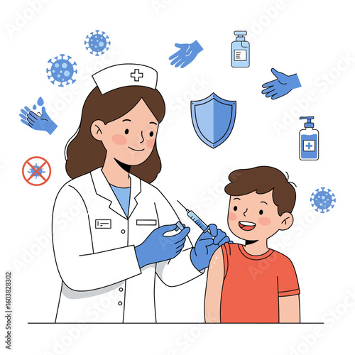 A friendly nurse administers a vaccine to a young boy, surrounded by symbols of health and protection against viruses.