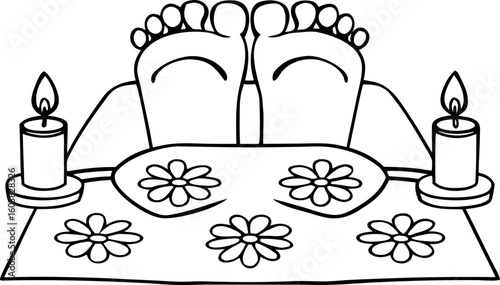 Vector illustration barefoot couple cuddling on a blanket surrounded by glowing tealight candles and petals.