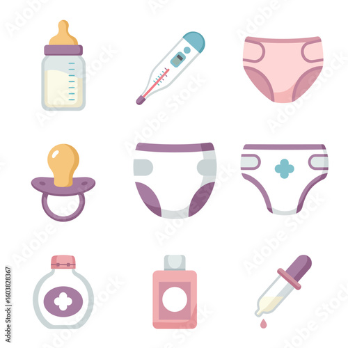 A collection of essential baby care items and health supplies, depicted as flat design icons on a clean white background.