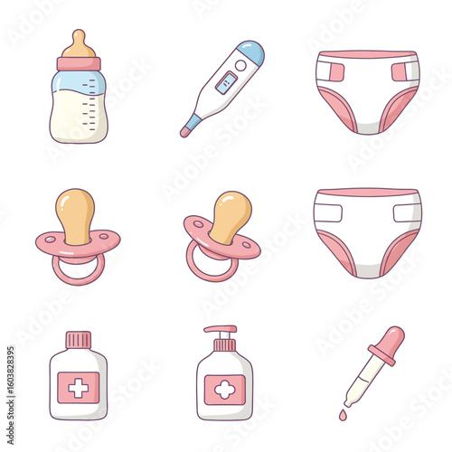 Collection of cute baby care icons including a feeding bottle, thermometer, diapers, pacifiers, and medical supplies on a white background.